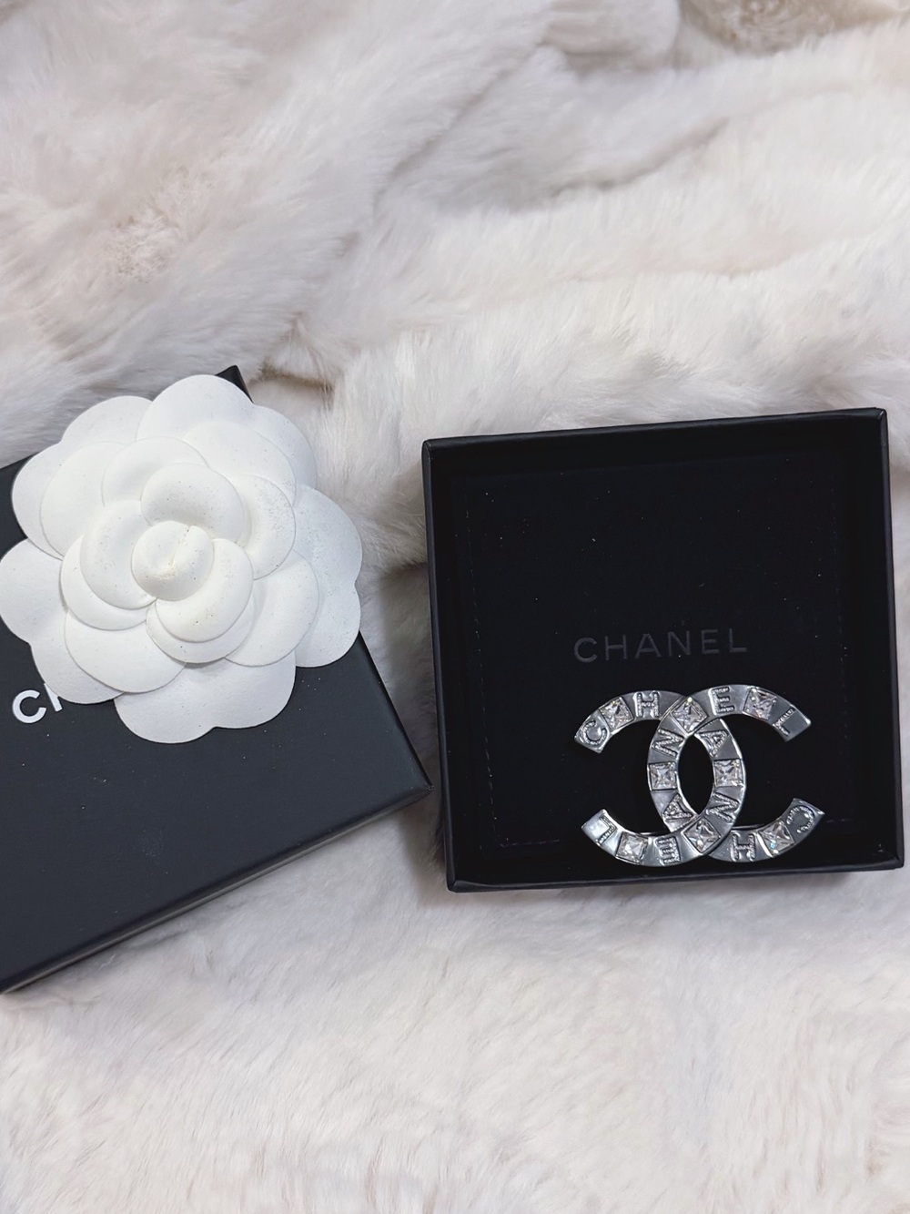 Chanel CC Black Plexiglas Resin & Rhinestone Brooch